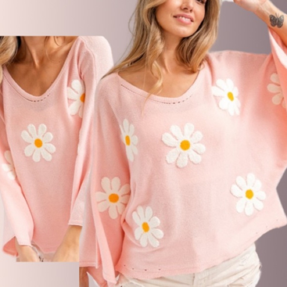 New Fabulous Boho Flower Embroidery Loose Fit Knit Top - Picture 9 of 9